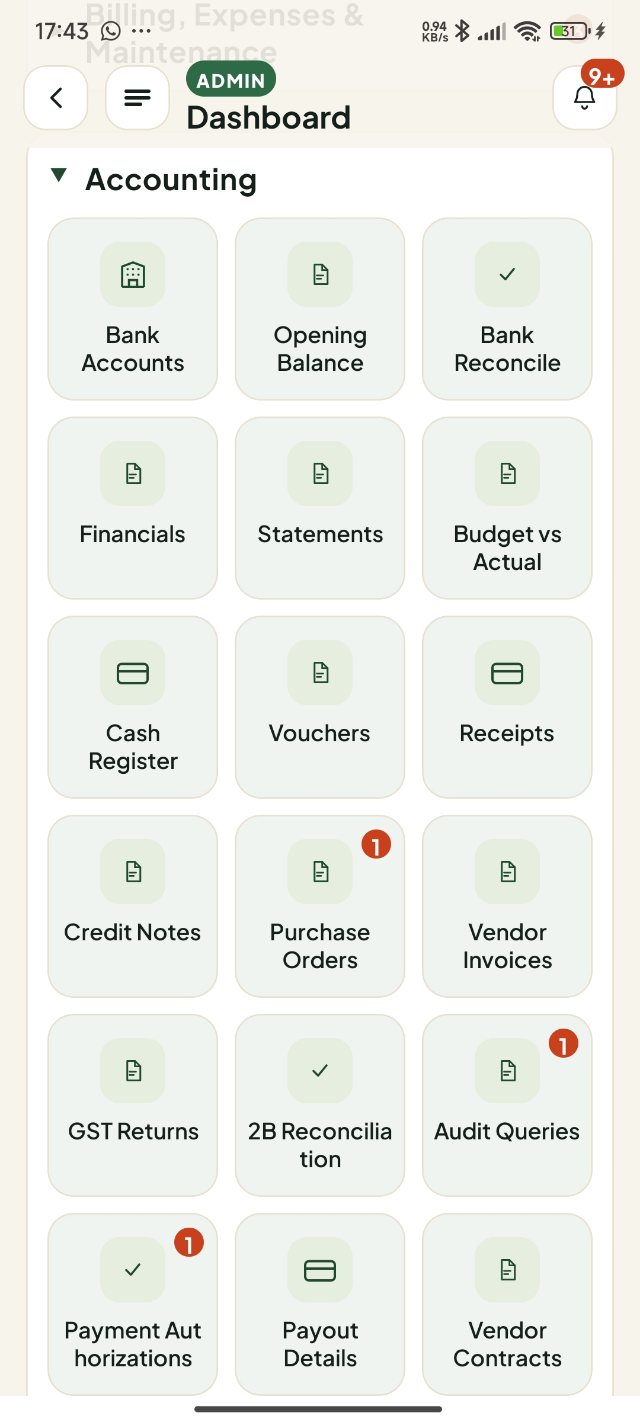 Zwangu admin accounting dashboard — bank accounts, financials, vouchers, GST returns and audit queries