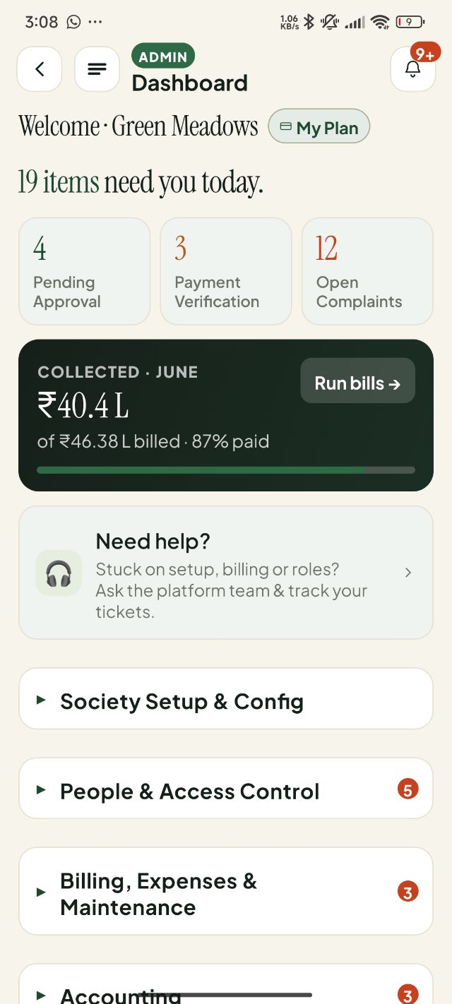 Zwangu committee admin dashboard — items needing attention, June collection, society setup and accounting sections